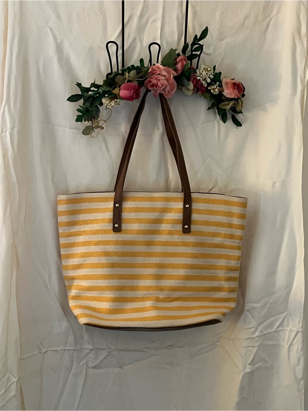 Forever 21 Yellow & White Striped Tote with Brown Handles
